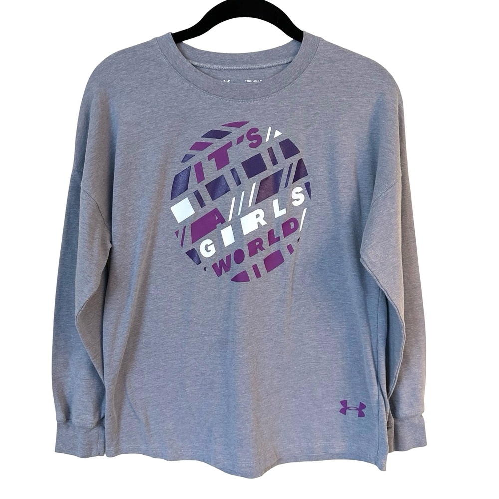 Under Armour It’s A Girl’s World Long Sleeve Gray Purple T-Shirt Tee Size Medium